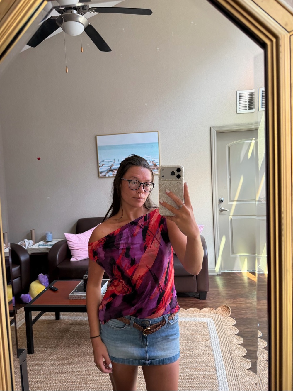 Vintage Off-Shoulder Abstract Top in Purple and Pink